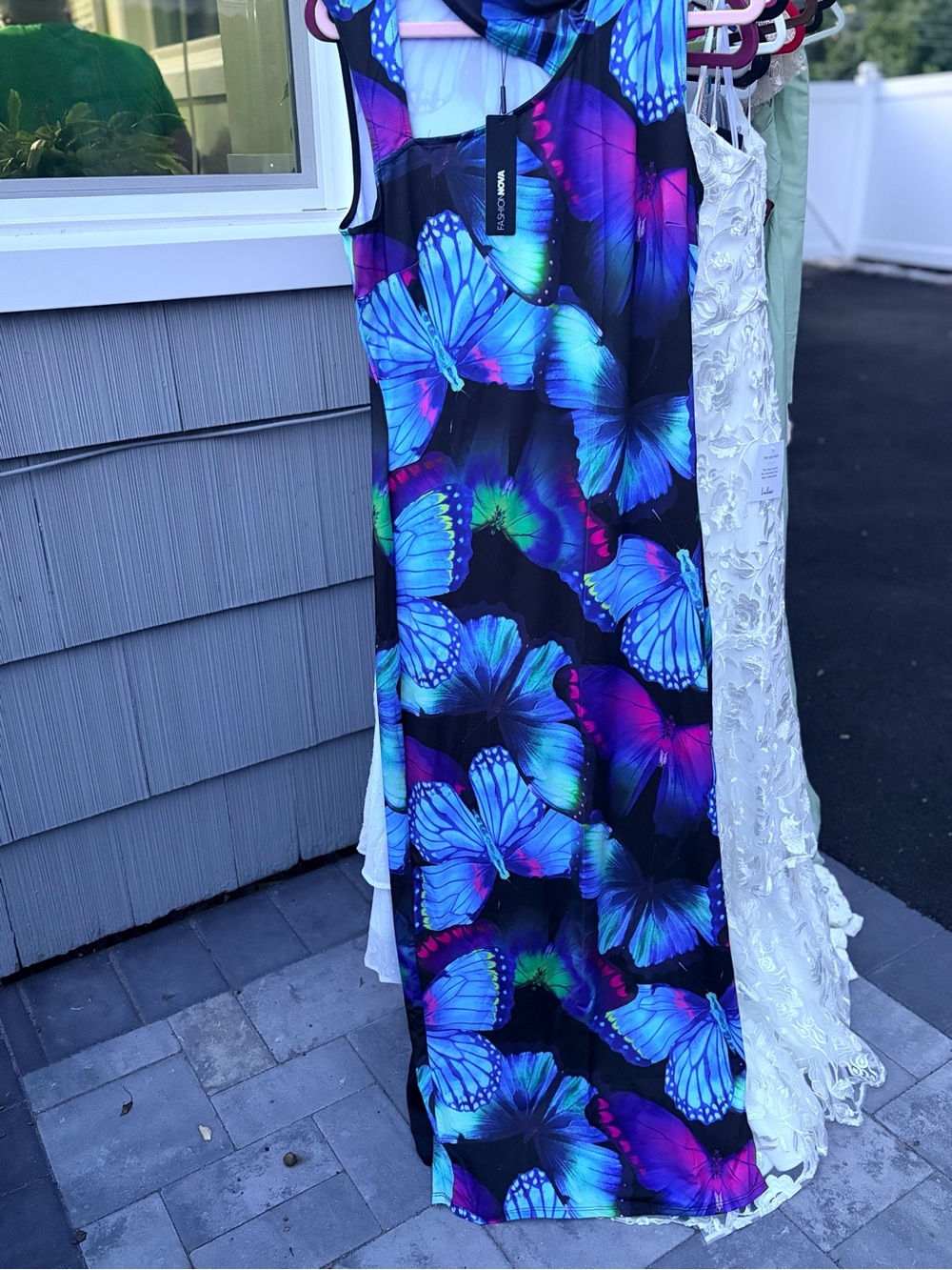 Fashion Nova Black Dress with Blue, Purple & Green Butterfly Print